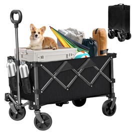 Collapsible Folding Wagon, 220lb Heavy Duty Grocery Garden Cart for Beach and Travel, Portable Utility Wagon Cart with Four-Wheel for Sand Shopping Camping Fishing Sports Pet,Black