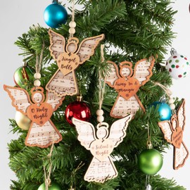 6Pcs Christmas Tree Decorations Angel Music Sheet Ornaments Set Wooden Music Instrumental Angel-Shaped Decorative Hanging Pendants for Xmas Tree Holiday Winter Home Decor Xmas Gift Ideal