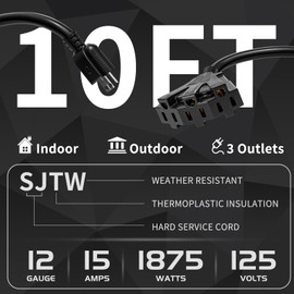 Guliu 10 FT 12/3 Outdoor Extension Cord with 3 Power Outlets, SJTW 12 AWG 15Amp 1875W, 12 Gauge Heavy Duty Black Extension Cable with 3 Prong Grounded Plug for Safety Indoor/Outdoor UL Listed