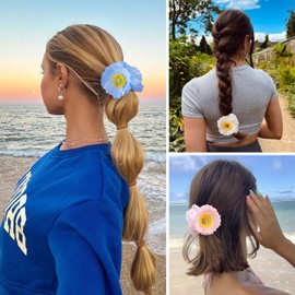 RAINBOW WSK 4 PCS Hawaii Flower Hair Ties Colorful Large Poppy Rose Flower Hair Accessories Fabric Floral Elastics Hair Bands Scrunchies for Women Girls Wedding Bridal AE764