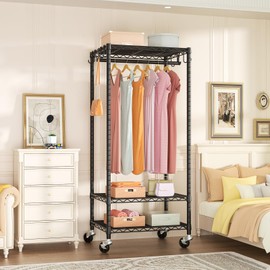 FUTASSI P6 Mini Rolling Clothes Rack Heavy Duty, Clothing Racks for Hanging Clothes, Freestanding Garment Rack with Wheels, Portable Closet Rack Max Load 360LBS, 23.6''W x 14''D x 74.6''H, Black