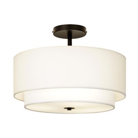 CALOKES 16" Dual Drum 3-Light Semi Flush Mount Ceiling Light, White Classic Fabric Linen Shade Design for Living Room, Bedroom, Kitchen, Dining Room, Hallway and Entryway