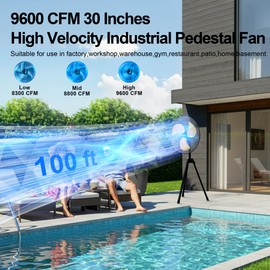 30" 9600CFM High Velocity Outdoor Pedestal Fan with Tripod, 3-Speed Standing Fan Oscillating with Adjustable Height, Stand up Fan, Industrial Fans Heavy Duty for Commercial, Patio, Warehouse, Garage