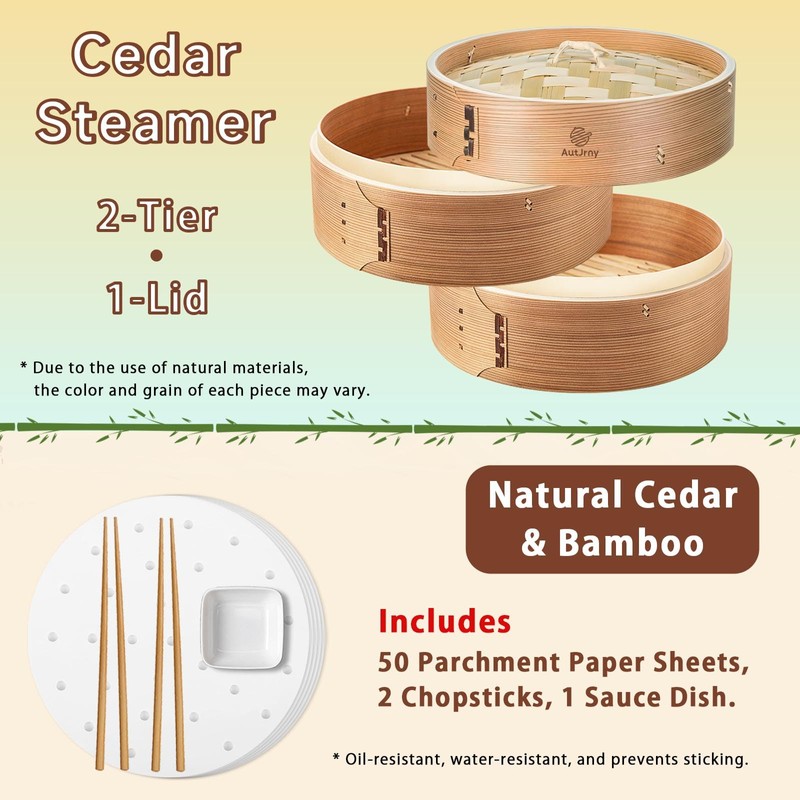 AutJrny Cedar Steamer Basket 10 Inch | Extra-Deep 2 Tier