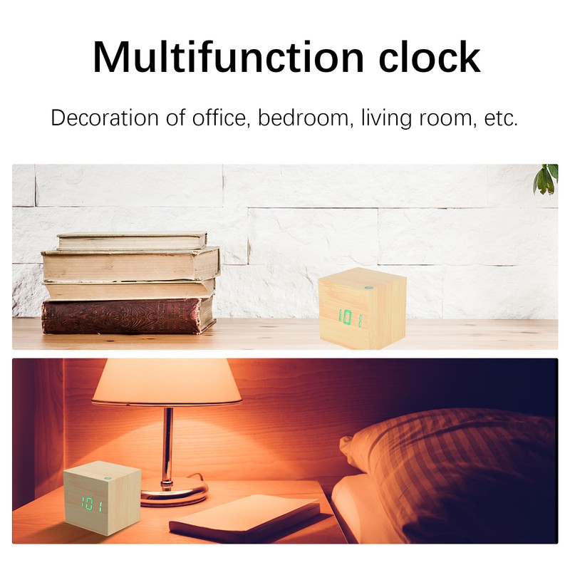 Wooden LED Clock Digital Voice Control Desk Rectangular Ornaments Wood
