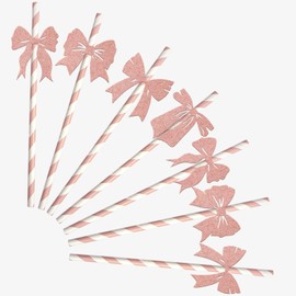 24Pcs Bow Birthday Paper Straws Bow Bridal Shower Disposable Straws Girls Wedding Party Decoration Girls Bachelorette Party Supplies Double-Side Rose Gold Glitter