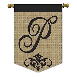 Monogram P Black Fleur de Lis 18 x 13 Pendant Shape Burlap Double Applique Small Garden Flag