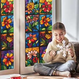 Stained Glass Window Film Privacy Decorative – Colorful Leaf Frosted Static Cling Vinyl, No Glue, UV Blocking, Heat Control,Tint for Home Office Bathroom, 17.7 x 39.4 Inches (1, Flowers)