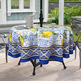 bnhjsdw Blue Outdoor Tablecloth with Umbrella Hole for Round Table, Waterproof Lemon Patio Table Cloth with Zipper - 60 x 60 inches
