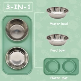 BNOSDM 2 Pcs Dog Bowls Set Stainless Steel, Plastic - 3-In-1 Design, Non-Spill Mat, Easy to Remove & Clean, Suitable for Small to Medium Pets