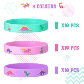 30 Packs Dinosaurs Silicone Wristbands Dinosaur Birthday Party Supplies Pink Rubber Wrist Bands Girl Dino Bracelets for Dinosaurs Theme Birthday Party Favors Gifts Bags Stuffers, 3 Colors