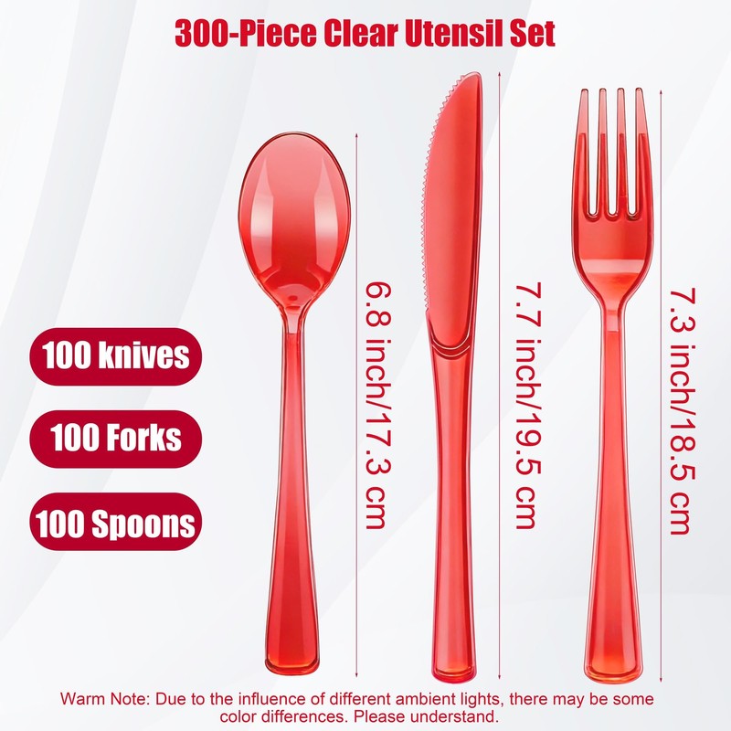 300 Piece Clear Red Plastic Silverware Disposable Plastic Cutlery Party