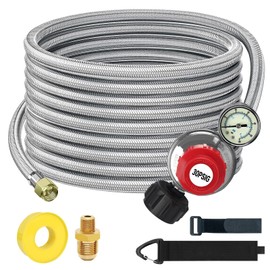 High Pressure Propane Regulator with Hose-0-30 PSI Stainless Steel Braided Adapter Hose with Gauge Indicator, QCC1 Type Adapter to 3/8" Female Flare for Camping Stove, Gas Grill,Burner (36FT)