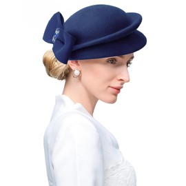 ELLYDOOR Wool Fascinator Hat Winter Wool Felt Berets Hat for Women Wedding Church Hat Rhinstone Bow Fedoras 025 Navy Blue