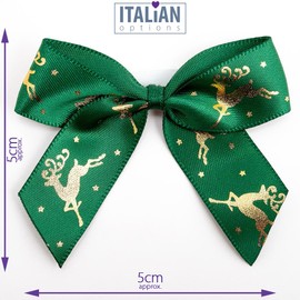 Italian Options Gold Reindeer Stag Christmas Bows 12 Piece Pack, 5cm Bow Width, Green Satin