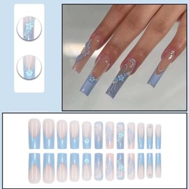 YoYoee Long Square False Nails 3D Daisy Pearls Nails Tips Gradient Blue Press on Nails French Fake Nails for Women and Girls 24PCS