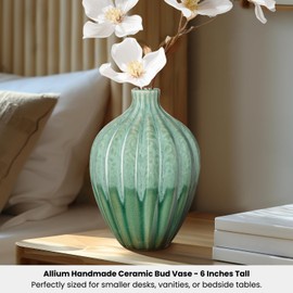 Torre & Tagus Allium Reactive Glaze Ceramic Bud Vase - 6 Inch Small Flower Vase & Small Ceramic Vase for Flowers, Handmade Ribbed Bud Vases for Home Decor & Wedding Decor for Table (Round Green Vase)