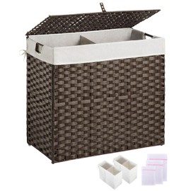 Greenstell Laundry Hamper with lid, No Install Needed, 130L Wicker Laundry Baskets Foldable 2 Removable Liner Bags, 2 Section Clothes Hamper Handwoven Rattan Laundry Basket with Handles, Brown