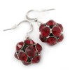 Ruby Red Crystal Ball Drop Earrings In Silver Tone -