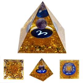 Orgone Crystal Pyramid with 12 Zodiac Signs, Natural Amethyst Crystal Ball for Aries Zodiac Sign, 2 Inch Orgone Healing Pyramid for Positive Energy, Stress, Healing, Meditation, Gaining