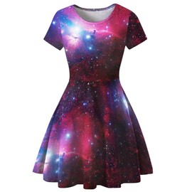 Women's 3D Print Short Sleeve Casual Flared Swing Midi Dress (Galaxy 004, L)