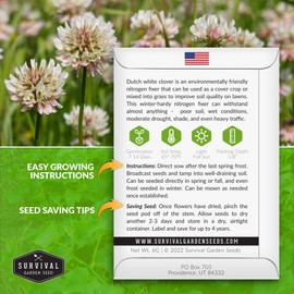 Survival Garden Seeds 1 Pack Dutch White Clover Seeds for Planting - with Instructions to Grow White Clover as Ground Cover, Erosion Control or Cover Crop – Non-GMO Heirloom Seed