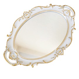 Schones Geschaft Decorative Mirror Tray, Makeup Jewelry Perfume Organizer, Vintage Oval Display and Serving Tray for Bedroom Living-Room Dresser Decor (14.6”x 9.8”) (White - Oval)