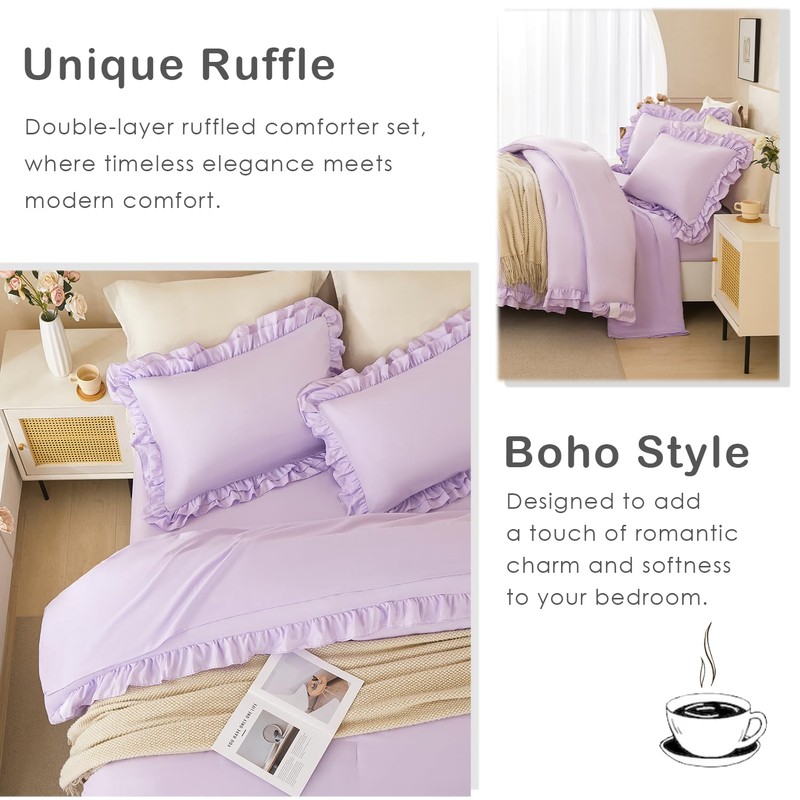 PERFEMET Lavender Ruffled Full Comforter Set Purple Ruffle Comforter Shabby