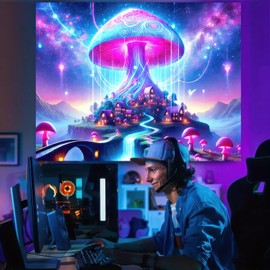 BlissYard Blacklight Tapestry Uv Reactive Tapestry Glow In The Dark Tapestry 78x59 Inches Enchanted Mushroom Village Fluorescent Wall Hanging with Glowing Mushrooms Fantasy Landscape and Cosmic Lights