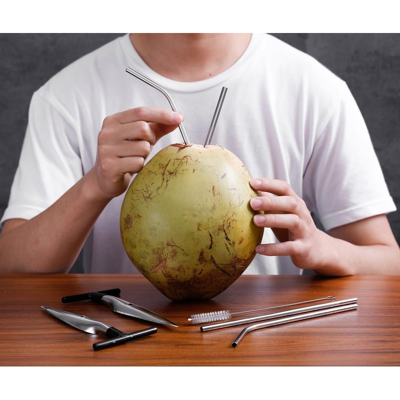 2 Pack Coconut Opener Tool Set with 4 Reusable Straws