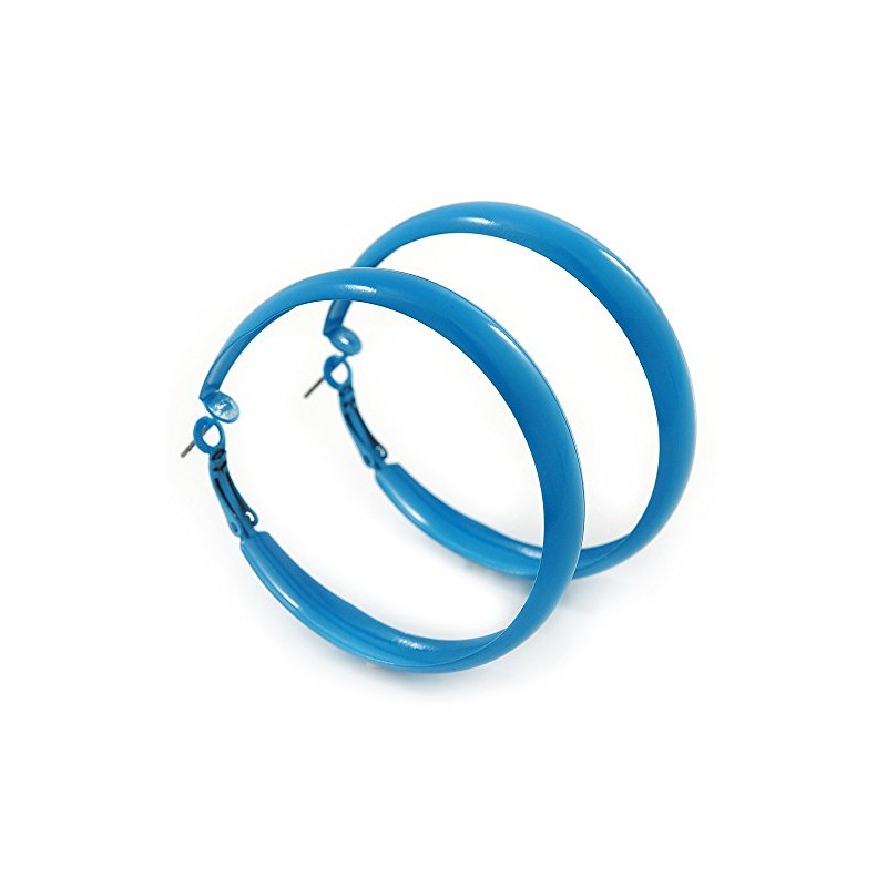 Large Sky Blue Enamel Hoop Earrings - 55mm Diameter