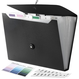 Lamitocs A4 Document Folder, File Organiser with 13 Compartments and Coloured Labels, A4 Plastic Folder for Document Storage for School, Office and Home, Black