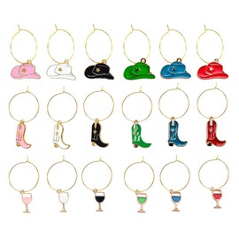 Pronature 18pcs Cowboy Wine Charms Western Cowboy Boot Hat Glass Pendant, Glass Marker for Party, Texas, 0.98inch Hoop, Gift for Wine Lover (Pink, White, Black, Red, Blue, Green)