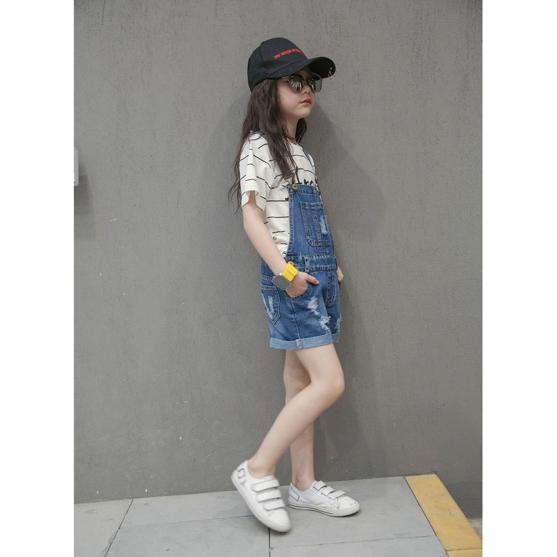KIDSCOOL SPACE Little Girl Jean Overalls,Big Ripped Denim Shortalls,Blue,9-10 Years