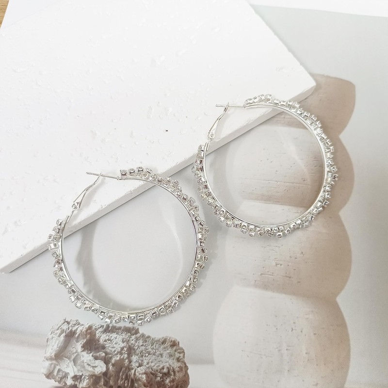 JINGDR Rhinestone Hoop Earrings for Women Sparkly Blingy Big Round