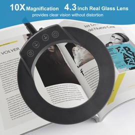 HISUEKIG 10X Magnifying Glass with Light and Stand, 5 Color Modes Stepless Dimmable LED Lighted Desk Lamp, Flexible Gooseneck Magnifying Desk Lamp for DIY Craft Reading Painting Sewing Work Round