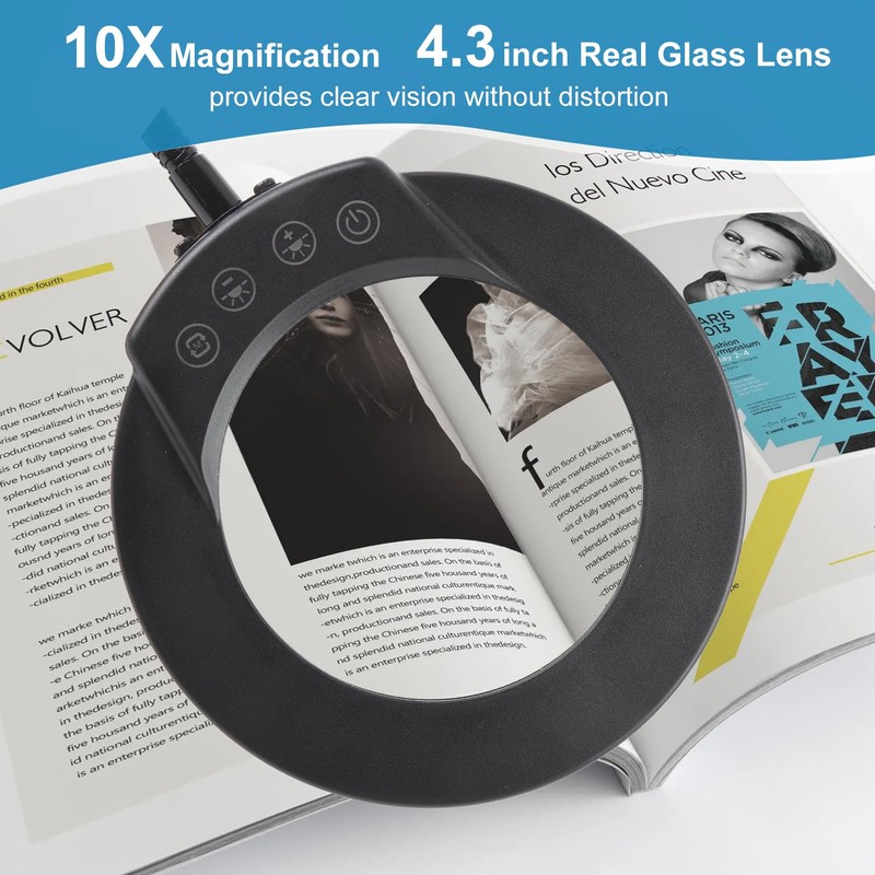 HISUEKIG 10X Magnifying Glass with Light and Stand, 5 Color