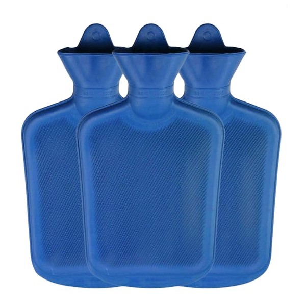 3 Pack Natural Rubber Hot Water Bottles 1 Litre Hot Water Bottles Perfect Hot Water Bags for Pain Relief (Blue)