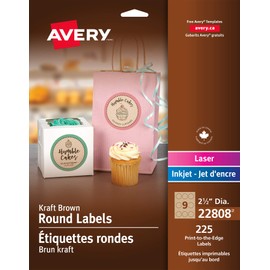 Avery Kraft Brown Round Labels, 2.5" Inch, for Laser/Inkjet Printers, 225 Labels, Round, Kraft Brown, Permanent, (22808) Made in Canada