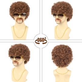 TUOFLY Peluca Marrón Disco Para Hombre Juego De 5 Piezas(Peluca Gafas Collar Bigote Y Gorro) Peluca De Pelo Sintético Rizado Y Esponjoso Natural De Los Años 70 Y 80 Para Halloween Navidad Y F