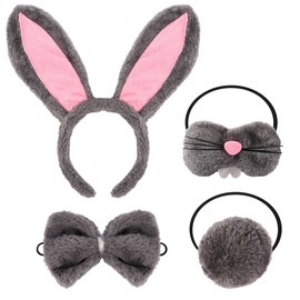 Vovii Premium Gray Rabbit 4 Piece Costume Set with Adjustable Ear Headband Bow Tie Nose and Fluffy Tail for Children's Dress Up and Theater Play