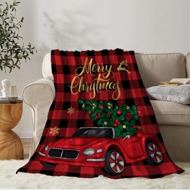 YeeJu Christmas Throw Blanket Red Plaid Christmas Truck Blanket for Couch Sofa Bed Soft Cozy Lightweight Fuzzy Plush Fleece Blankets and Throws Xmas Winter Decorative Blanket 50x60