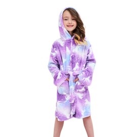 Piefry Soft Bathrobe with Hood for Girls Fleece Dressing Gown Sleepwear Children, Purple Unicorn