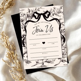 Whaline 25 Pack Black Bow Floral Invitations with Envelopes Stickers Vintage Bowknot Flower Invitation Cards Blank Invites for Coquette Celebration Party Supplies, 5 x 7 Inch