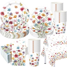 Layhit 202 Pcs Widflower Party Decoration Supplies Floral Paper Plates Napkins Cups Butterfly Wildflower Tablecloth for Spring Summer Birthday Wedding Party(Widflower 5,Colorful)