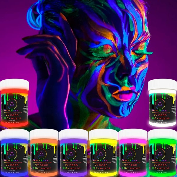 Pintura de neón para el cuerpo y la cara que brilla en la oscuridad, fósforo y luz negra reactiva bajo linterna UV 8 fluorescentes no tóxicos