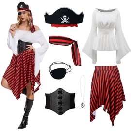 Gumyawl - Disfraz de pirata para mujer, 7 piezas, camisa renacentista, vestido medieval con collar de brújula, conjunto de pirata medieval (blanco, XXL)