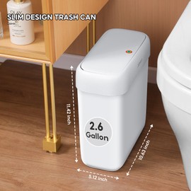 JUDRDO Small Trash Can with Lid 2.7 Gallon Bathroom Garbage Can - Plastic Narrow White Trash Bin, Slim Modern Little Covered Wastebasket for Bedroom, Office, Living Room, Laundry,Toilet, Rv