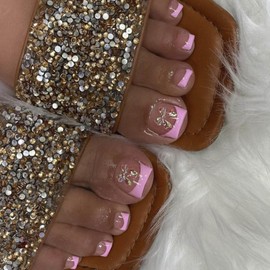 Pink French Tip Press on Toenails, Short Square Fake Toenails Bow Charms False Toenails Pink Toe Nail Tips Glossy Glue on Toenails Cute Acrylic Toenails Spring Summer Toenail Press ons for Women Girls