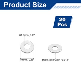 sourcing map 20 Pcs M1.6 Flat Washer, 1.6x4x0.3mm 304 Stainless Steel Flat Spacers for Screw, Bolt, Automotive, Industrial Machinery